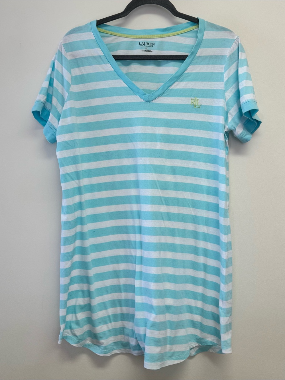 Ralph Lauren Striped V-Neck T-Shirt Mini Dress Aqua & White EUC Size XL